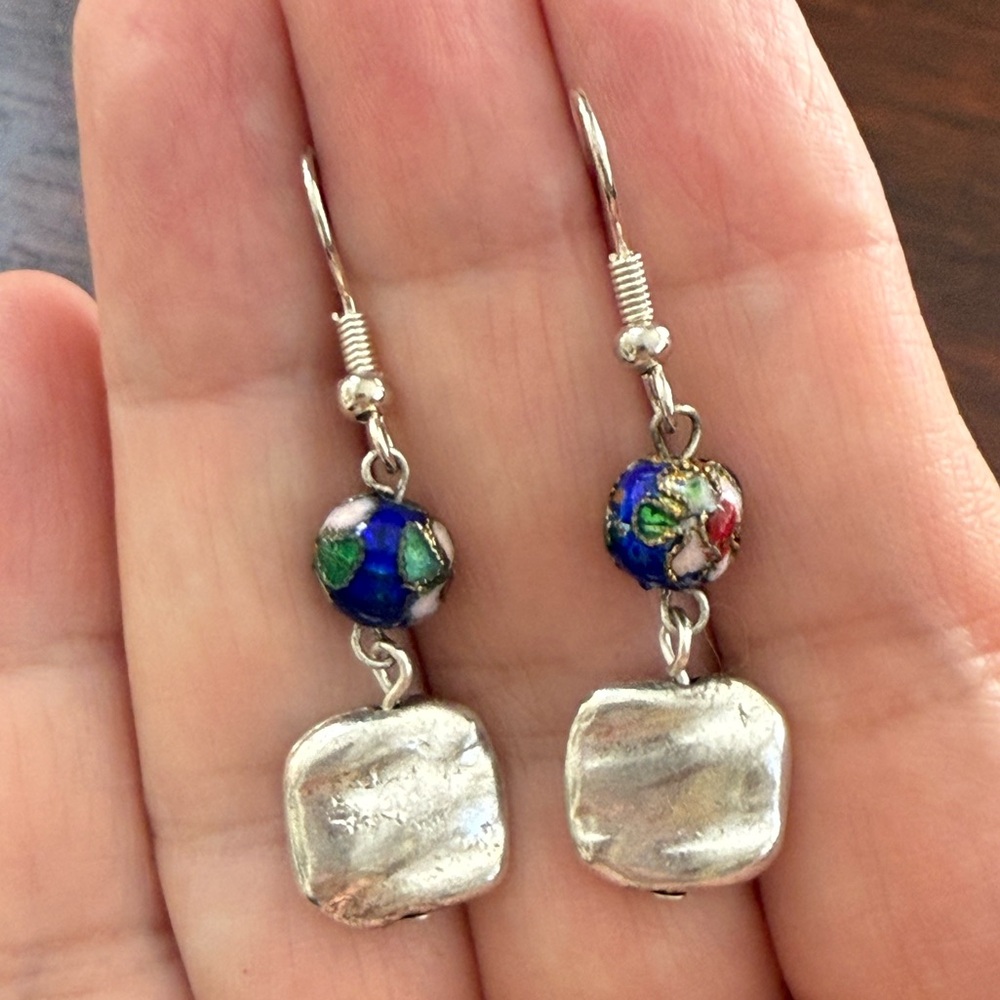 Blue floral cloisonné silver tone drop earrings